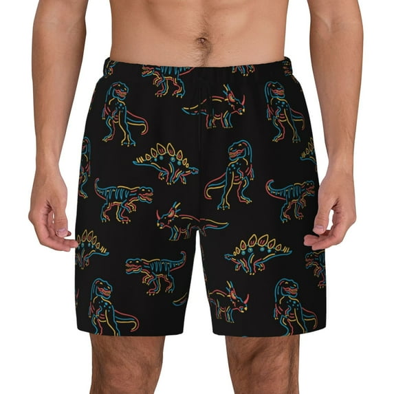 Kdxio Neon Dinosaur Print Men's Swim Trunks with Compression Liner 7 Inch Inseam Quick Dry Swim Shorts