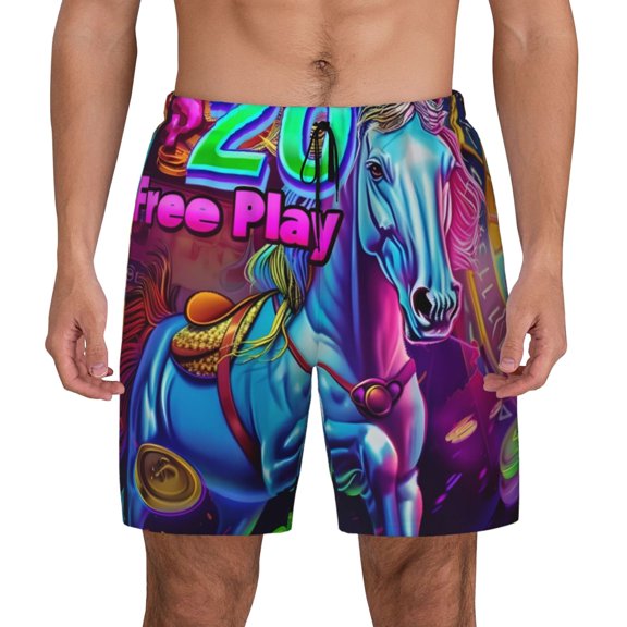 Kdxio Neon Free Play Print Men's Swim Trunks with Compression Liner 7 Inch Inseam Quick Dry Swim Shorts