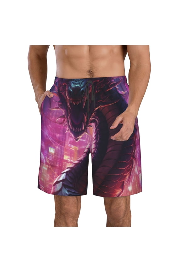 Neon Futuristic Dragon Pattern Mens Casual Shorts - Drawstring Summer Beach Sports Shorts for Men