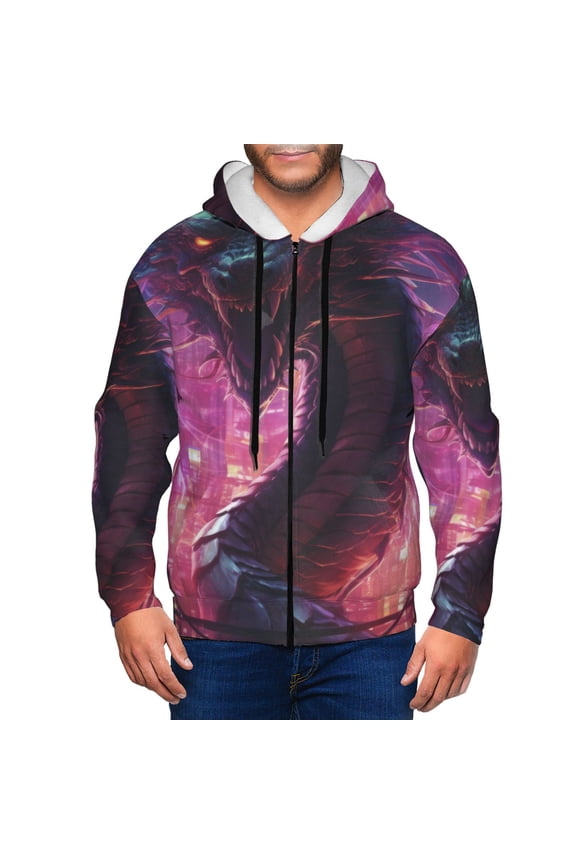 Neon Futuristic Dragon Print Men Hoodies Casual Hoodies for Men with Zip Pockets Full Zip Long Sleeve Sweatshirt Sports Hooded Jacket-Large