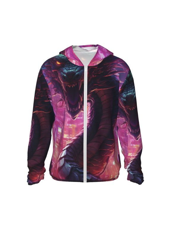 Neon Futuristic Dragon Print Women Men Sun Protection UPF 50+ Jackets Zip Up Long Sleeve Hoodie Hiking Lightweight with Pockets
