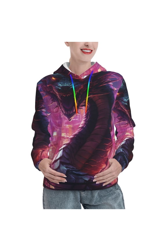 Neon Futuristic Dragon Print Womens Oversized Hoodies Sweatshirts Hooded Pullover Tops Sweaters Casual-Medium
