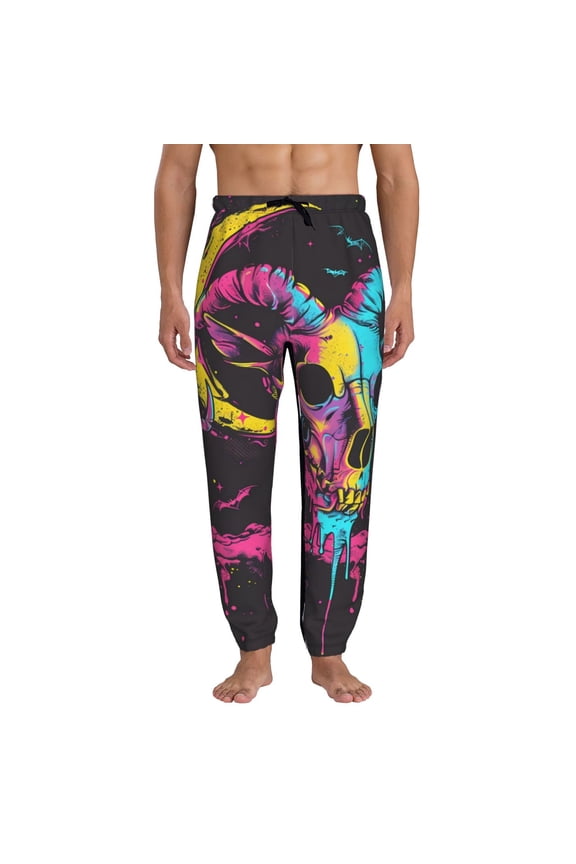 Neon Gothic Skull Moon Pattern Joggers,Sweatpants for Men with Pockets-XX-Large