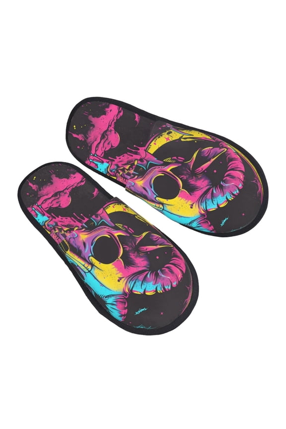 Neon Gothic Skull Moon Pattern Slippers for Women Memory Foam Fuzzy House Slippers Bedroom Non-slip Warm Womens Slippers
