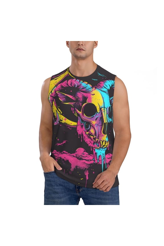 Neon Gothic Skull Moon for Men's Muscle T-shirt,Sleeveless for Workout Running Athletic Gym Lounge Casual