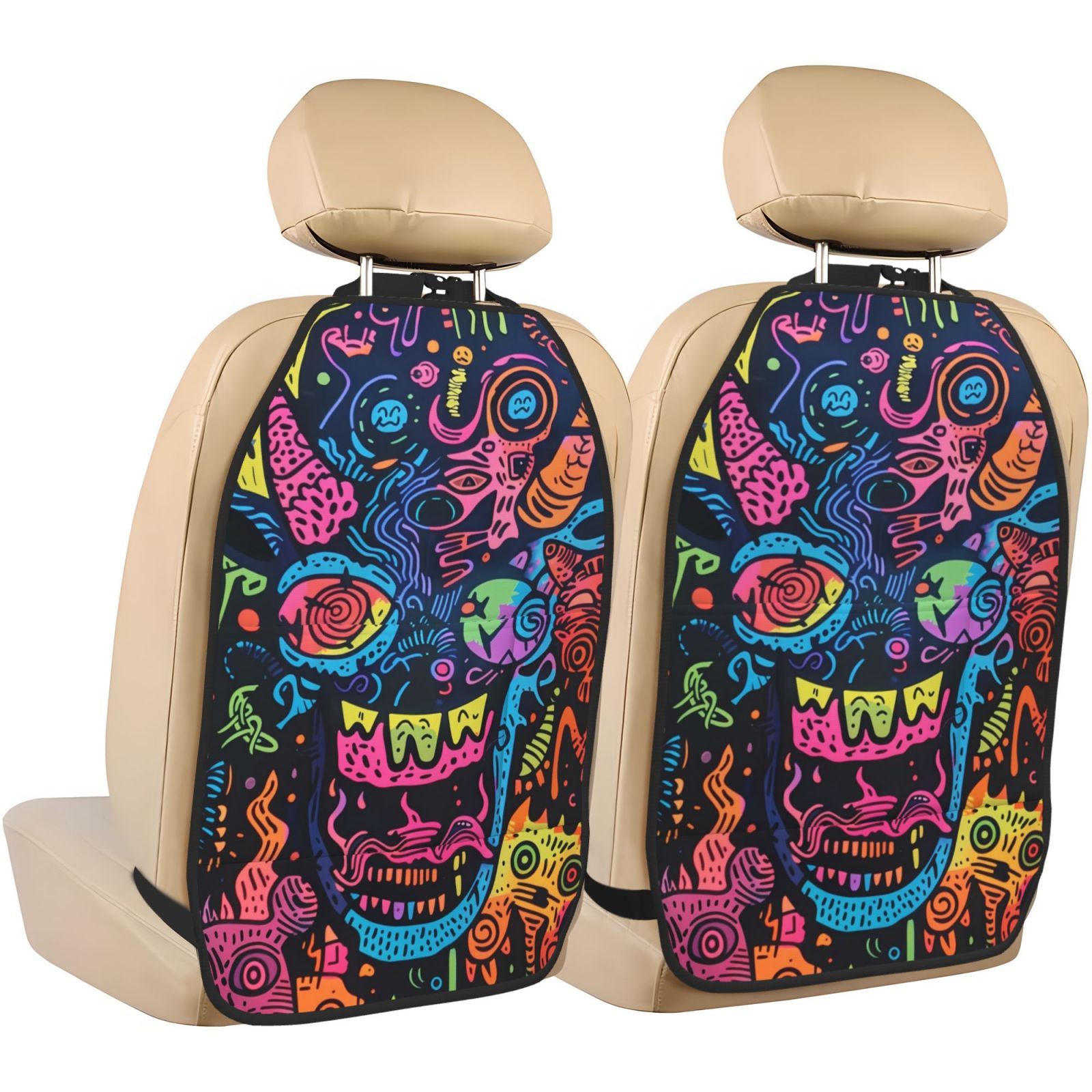 Kdxio Neon Graffiti Urban Art Print 2 Pack Car Kick Mat Seat Cover Back Protector Mat with Pockets for Organizer Backseat Protector and Storage Anti Kick Pad for Vehicles