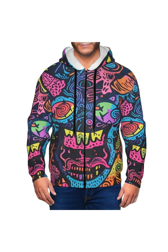 Neon Graffiti Urban Art Print Men Hoodies Casual Hoodies for Men with Zip Pockets Full Zip Long Sleeve Sweatshirt Sports Hooded Jacket-Small