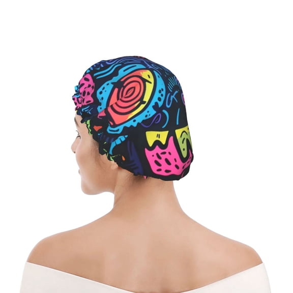 Kdxio Neon Graffiti Urban Art Print Shower Cap for Women,Elastic and Reusable,Double Waterproof Layers Bathing Hat