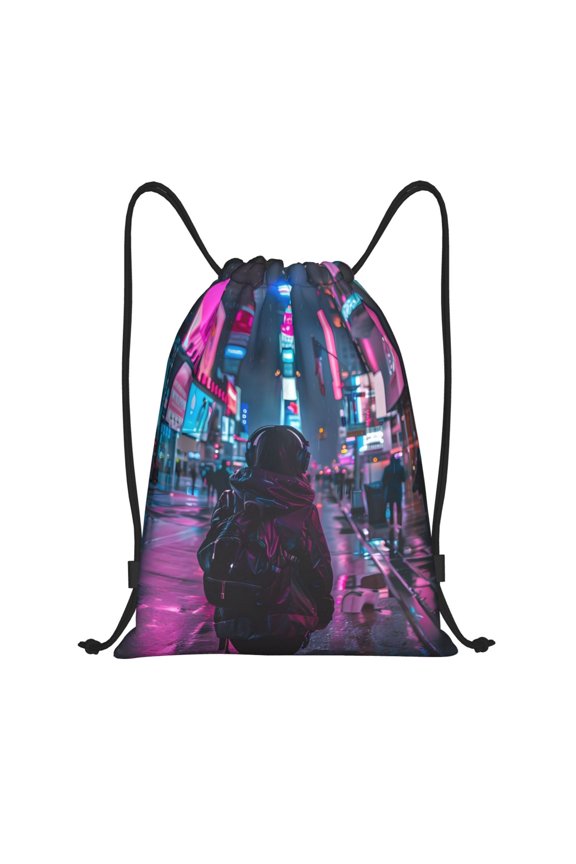 Neon Night Cityscape Print Drawstring Backpack Bag,Waterproof Draw String Back Sack, Gym Drawstring Bags Swim Bag For Unisex