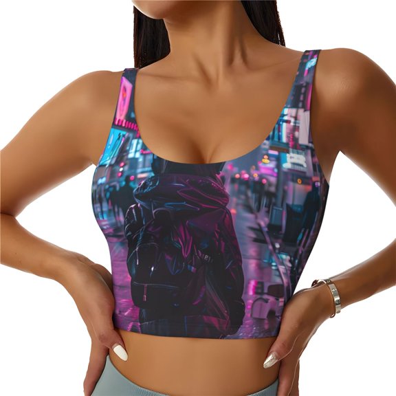 Kdxio Neon Night Cityscape Print Workout Crop Tank Top for Women Racerback Yoga Tank Tops Athletic Sports Shirts Exercise Undershirts