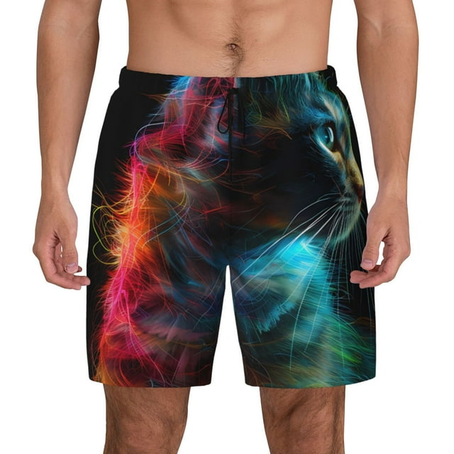 Kdxio Neon Spectrum Cat Portrait Print Men's Swim Trunks with Compression Liner 7 Inch Inseam Quick Dry Swim Shorts