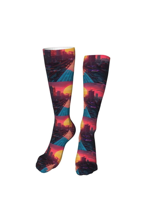 Neon Sunset Cyberpunk Cityscape Funny Silky Novelty Funky Long Knee High Socks Soft 3D Print Cosplay Crazy Stockings for Men Women