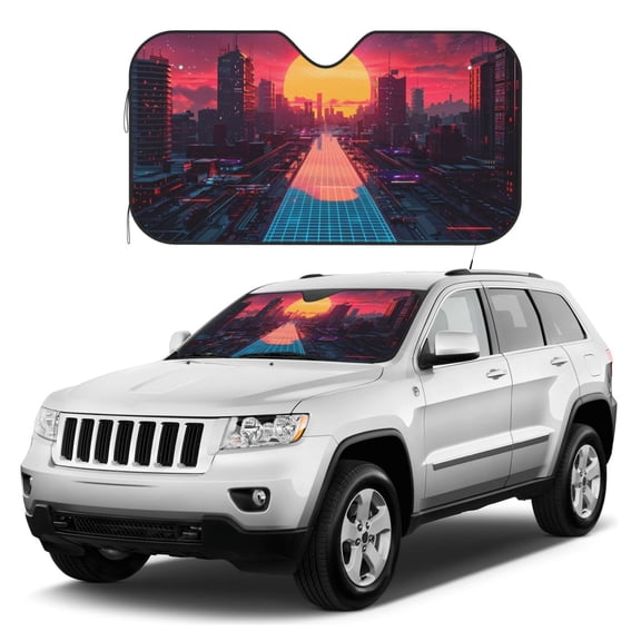 Kdxio Neon Sunset Cyberpunk Cityscape Print Windshield Sun Shade, Foldable Sun Blocker for Car,Truck,SUV Automotive Interior Sun Protection,Reflective Shade for Front Windshield(Medium)