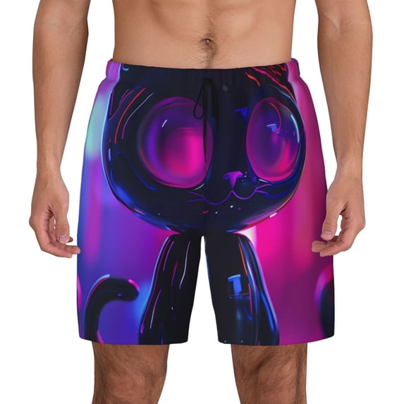 Kdxio Neon Toy Cat Reflections Print Men's Swim Trunks with Compression Liner 7 Inch Inseam Quick Dry Swim Shorts