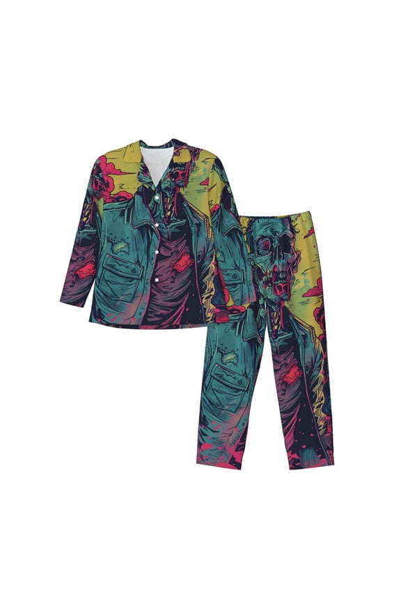 Neon Zombie Skull Men’s Pajama Set Pajamas For Men 2 Piece PJ Set with Men Pajama Pants and Long Sleeve T-Shirt Lounge Set-Small