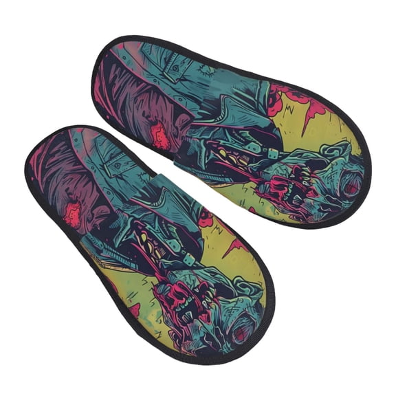 Kdxio Neon Zombie Skull Pattern Slippers for Women Memory Foam Fuzzy House Slippers Bedroom Non-slip Warm Womens Slippers