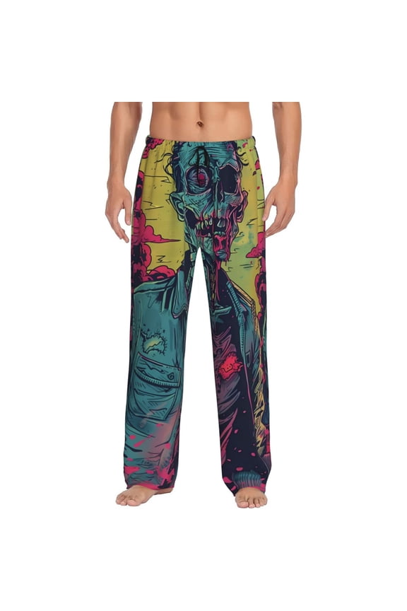 Neon Zombie Skull Print Men's Sleep Pajama Pant Lounge Pants with Pockets-Large
