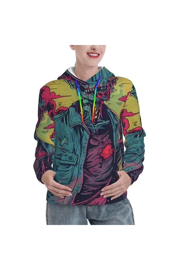 Neon Zombie Skull Print Womens Oversized Hoodies Sweatshirts Hooded Pullover Tops Sweaters Casual-Medium