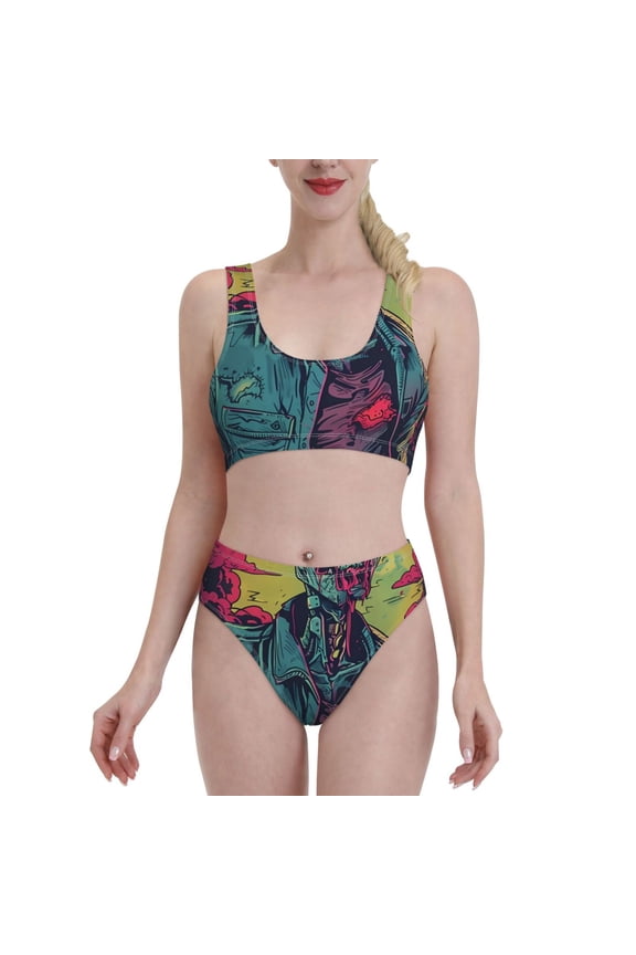 Neon Zombie Skull for Womens High Waisted Bikini Top Sports Style Two Piece Bathing Suits