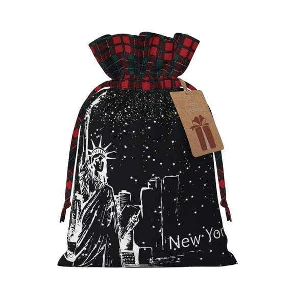 Kdxio New York City1 Christmas Drawstring Bags Xmas Buffalo Plaid Candy Bags Linen Treat Bags Christmas Gift Bags for Presents-Black
