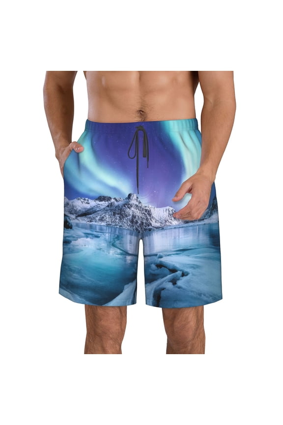 Night At Lake Aurora 1 Pattern Mens Casual Shorts - Drawstring Summer Beach Sports Shorts for Men