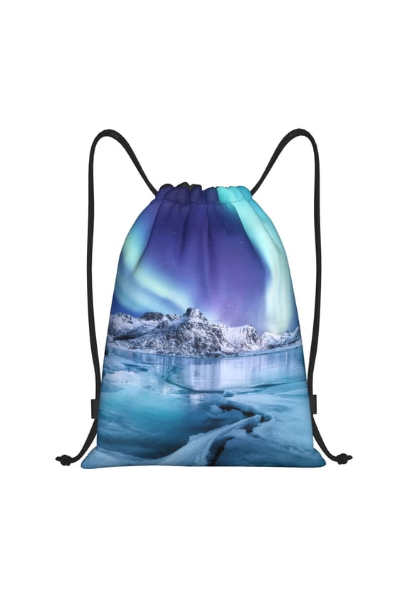 Night At Lake Aurora 1 Print Drawstring Backpack Bag,Waterproof Draw String Back Sack, Gym Drawstring Bags Swim Bag For Unisex