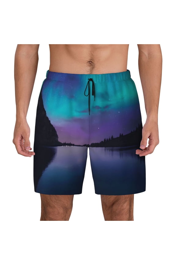 Night At Lake Aurora Print Men's Swim Trunks with Compression Liner 7 Inch Inseam Quick Dry Swim Shorts
