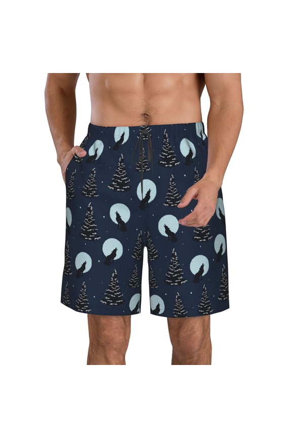 Night Forest Wolf Pattern Mens Casual Shorts - Drawstring Summer Beach Sports Shorts for Men