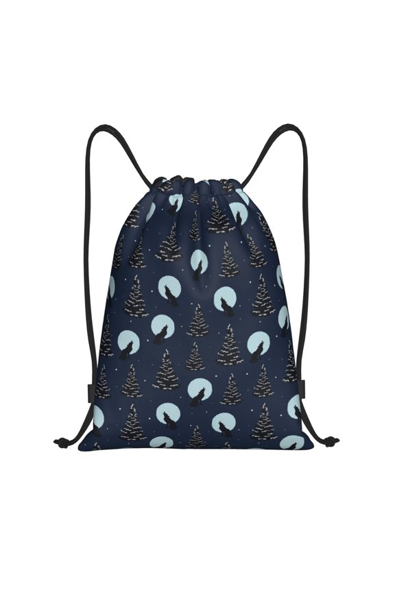 Night Forest Wolf Print Drawstring Backpack Bag,Waterproof Draw String Back Sack, Gym Drawstring Bags Swim Bag For Unisex