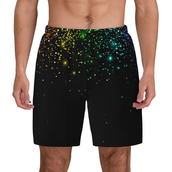 Kdxio Night Rainbow Sparkles Print Men's Swim Trunks with Compression Liner 7 Inch Inseam Quick Dry Swim Shorts