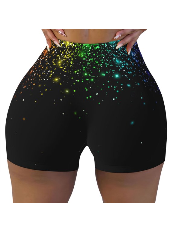 Night Rainbow Sparkles Print Workout Shorts for Women Seamless Soft Smooth Gym Yoga Scrunch Active Shorts