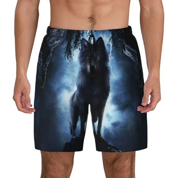 Kdxio Night Scene Of Wolves Print Men'S Swim Trunks With Compression Liner 7 Inch Inseam Quick Dry Swim Shorts