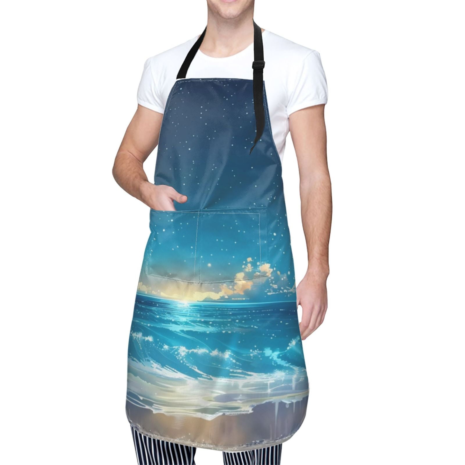 Kdxio Night Sky Beach Scene Apron with Pockets Adjustable Kitchen Aprons for Men Women Waterproof Aprons for Cooking,Drawing,Crafting, Baking Household Cleaning