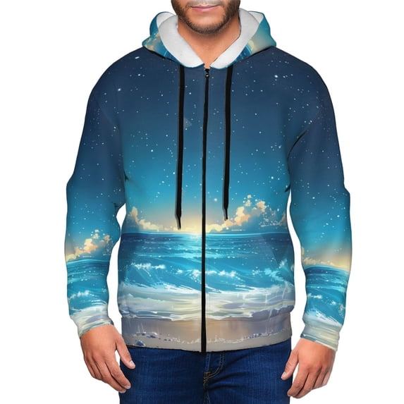 Kdxio Night Sky Beach Scene Print Men Hoodies Casual Hoodies for Men with Zip Pockets Full Zip Long Sleeve Sweatshirt Sports Hooded Jacket-X-Large