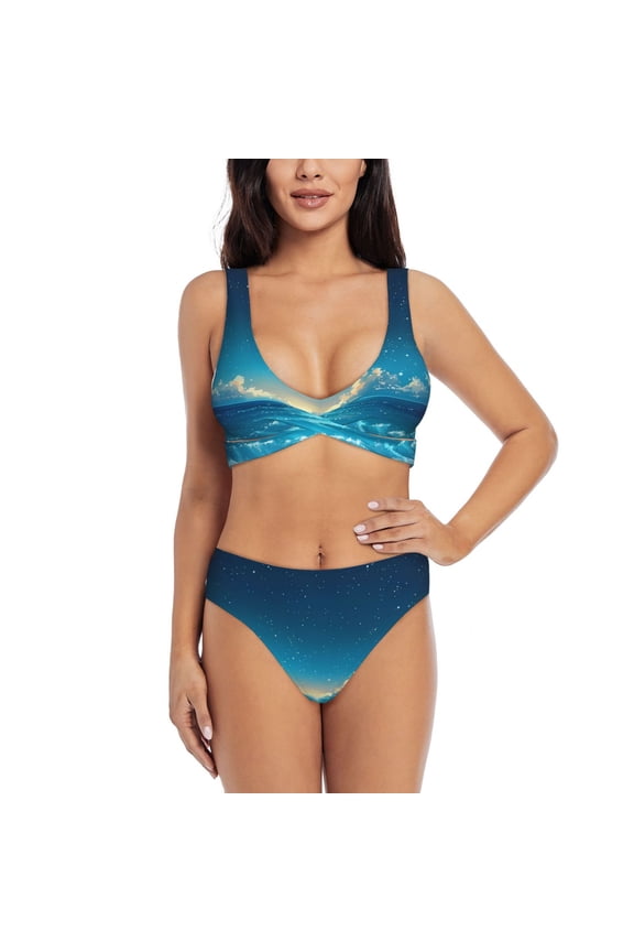 Night Sky Beach Scene Print Women's 2 Piece High Waisted Wrap Spaghetti Strap Summer Swimsuit Bikini Set-X-Large