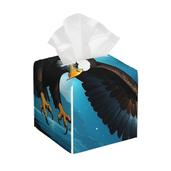 Kdxio Night Sky Forest Bald Eagle Print Tissue Box Cover,Square Decorative PU Leather Facial Paper Case Organizer Holder Dispenser for Bathroom,Night Stands,Desk,Car 5.2''X5.2''X5.2''