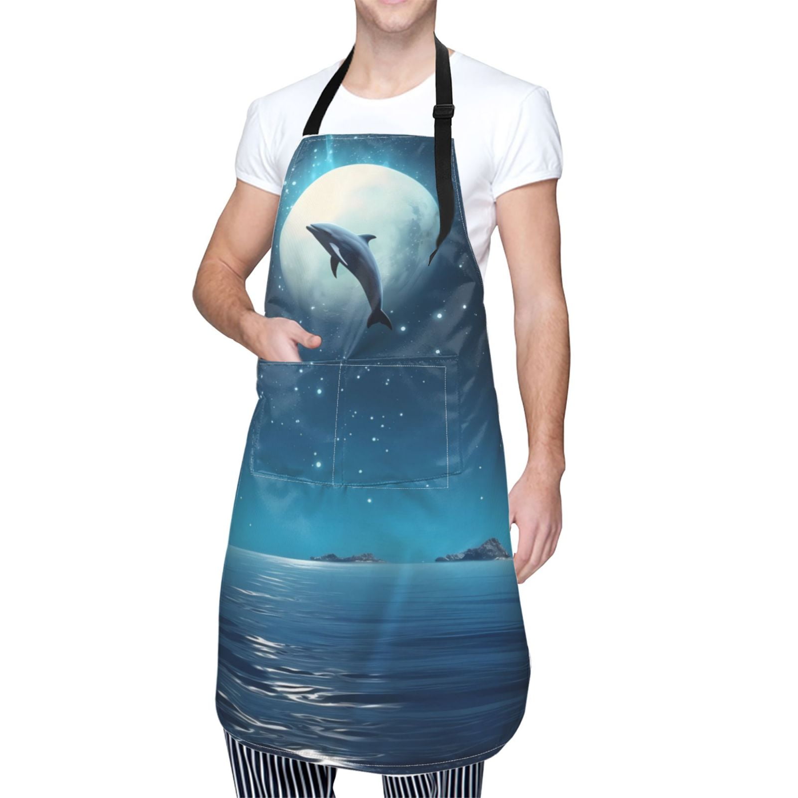 Kdxio Night Sky Moon Dolphin Apron with Pockets Adjustable Kitchen Aprons for Men Women Waterproof Aprons for Cooking,Drawing,Crafting, Baking Household Cleaning