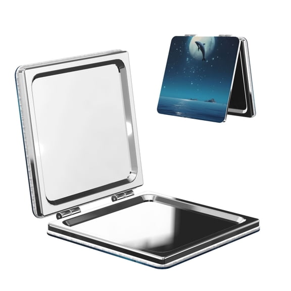 Kdxio Night Sky Moon Dolphin Pocket Mirror, 1X/2X Travel Makeup Mirror 2-Sided Folding Small Mirror Portable Double-Sided Magnifying Cosmetic Mirror for Gift-Square