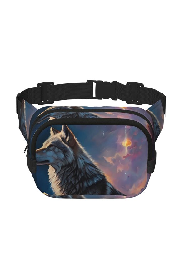 Night Sky Wolf Crossbody Double Layer Waist Bag Belt Bag for Unisex Fanny Pack Fashion Waist Packs for Hiking Running Shopping Traveling