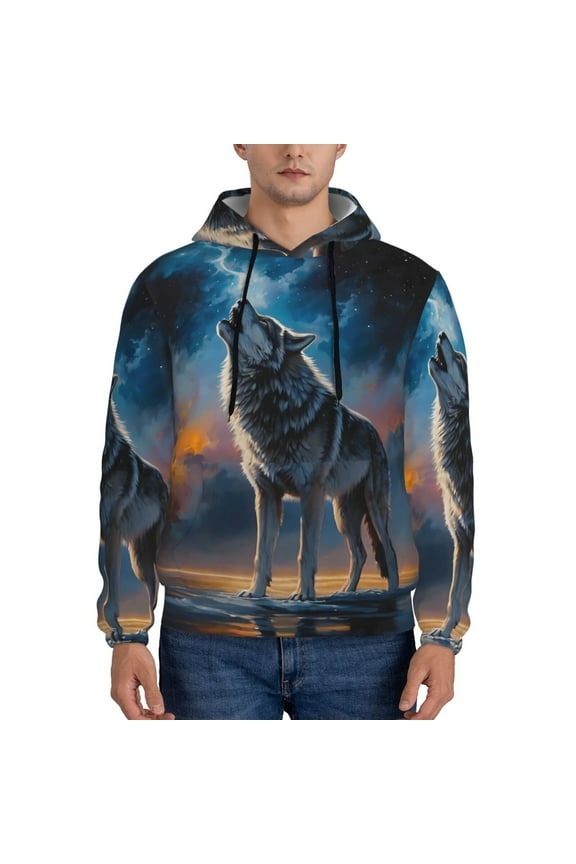 Night Sky Wolf Print Mens Casual Hooded Collar Drawstring Hoodies Pullover Sweatshirts Casual Long Sleeve Shirts-X-Large