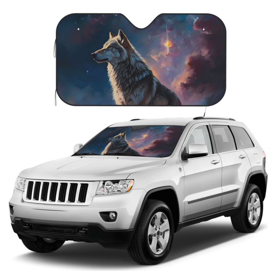 Kdxio Night Sky Wolf Print Windshield Sun Shade, Foldable Sun Blocker for Car,Truck,SUV Automotive Interior Sun Protection,Reflective Shade for Front Windshield(Small)