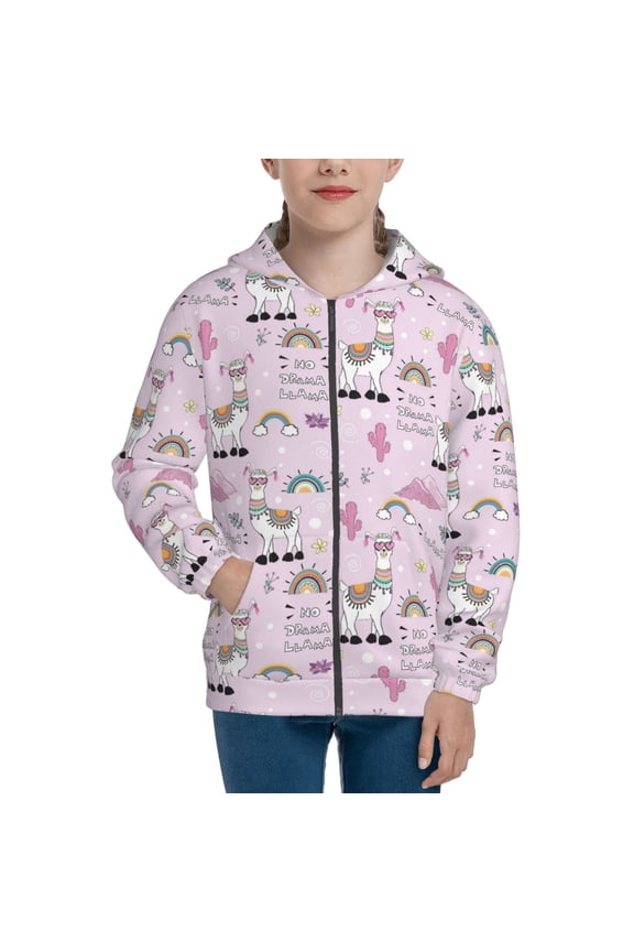 No Drama Llama Pattern Kids Boys Girls Zip Up Hoodie 3D Printed Hooded Sweatshirt Hoody Coat with Pocket 7-12 Y-Small