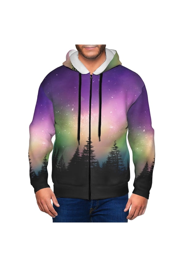 Northern Lights Print Men Hoodies Casual Hoodies for Men with Zip Pockets Full Zip Long Sleeve Sweatshirt Sports Hooded Jacket-Medium