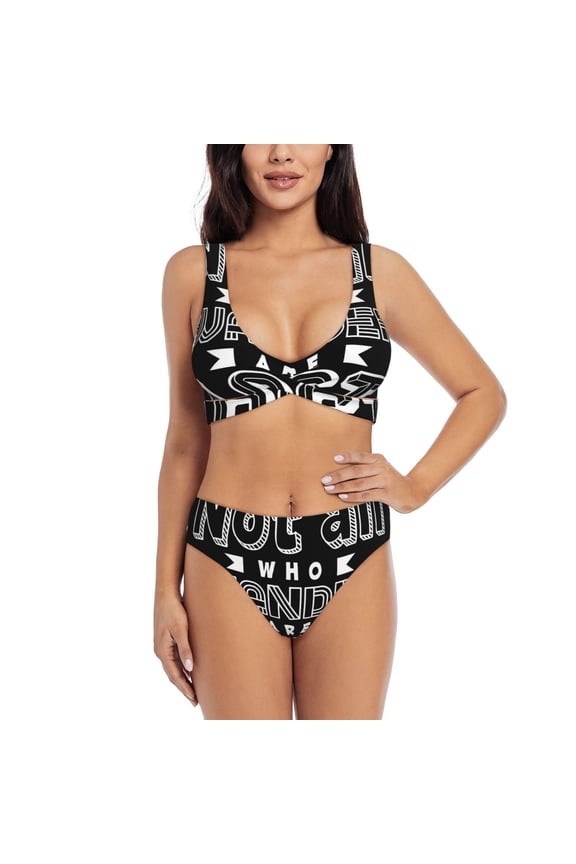 Not All Who Wander Are Lost 2 Print Women's 2 Piece High Waisted Wrap Spaghetti Strap Summer Swimsuit Bikini Set-Medium