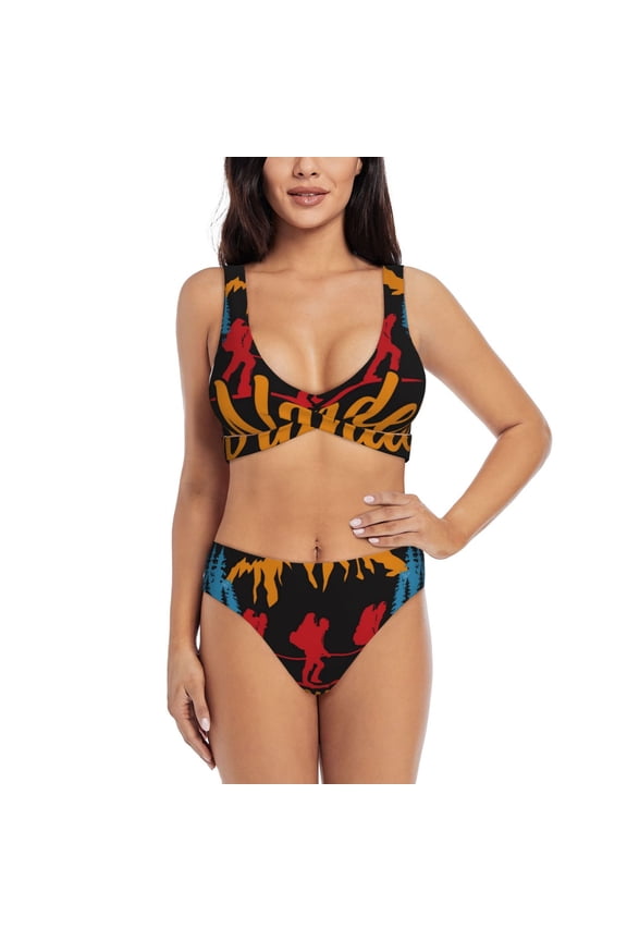 Not All Who Wander Are Lost Hiking Print Women's 2 Piece High Waisted Wrap Spaghetti Strap Summer Swimsuit Bikini Set-Medium