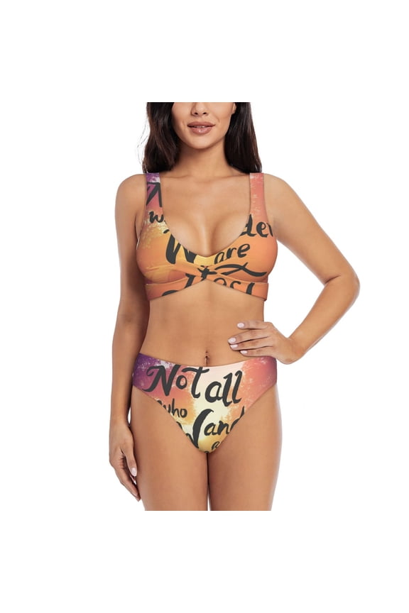 Not All Who Wander Are Lost Print Women's 2 Piece High Waisted Wrap Spaghetti Strap Summer Swimsuit Bikini Set-Medium