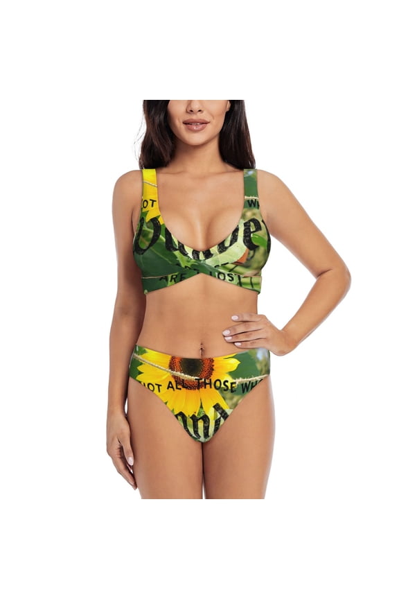 Not All Who Wander Are Lost Print Women's 2 Piece High Waisted Wrap Spaghetti Strap Summer Swimsuit Bikini Set-Medium