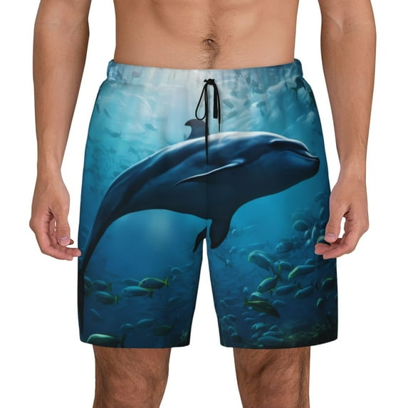 Kdxio Ocean Dolphin Fish School Print Men's Swim Trunks with Compression Liner 7 Inch Inseam Quick Dry Swim Shorts