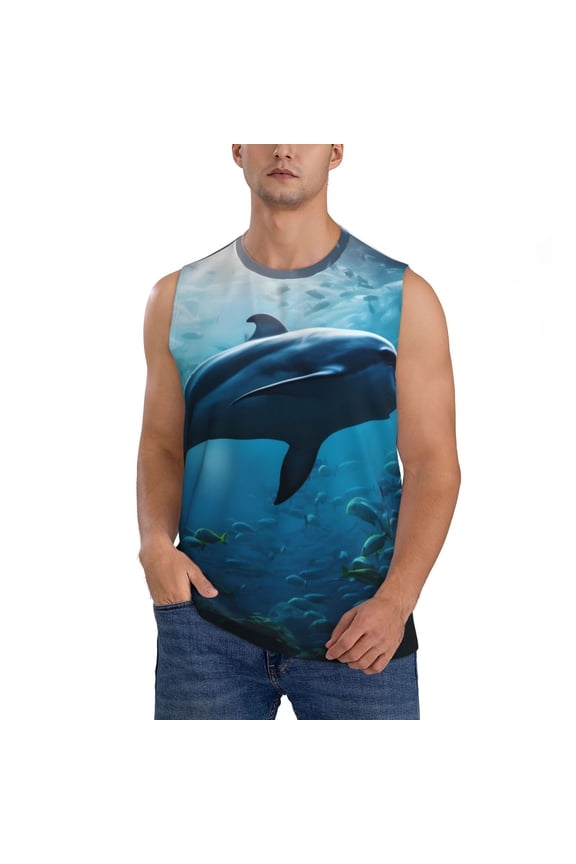 Ocean Dolphin Fish School for Men's Muscle T-shirt,Sleeveless for Workout Running Athletic Gym Lounge Casual