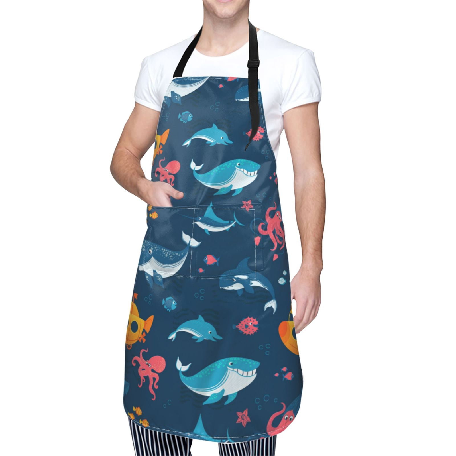 Kdxio Ocean Floor Animals Apron with Pockets Adjustable Kitchen Aprons for Men Women Waterproof Aprons for Cooking,Drawing,Crafting, Baking Household Cleaning